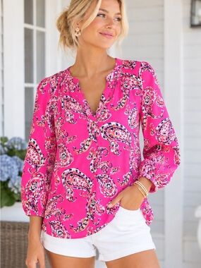 Crown & Ivy Pink Paisley Blouse Top L Long Sleeve Preppy Coastal Resort L